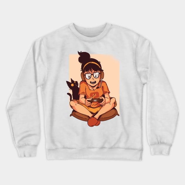 Gamer Girl with Black Cat Crewneck Sweatshirt by boobear247